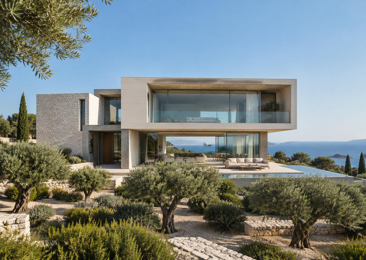 Contemporary coastal house with stone walls and expansive glass