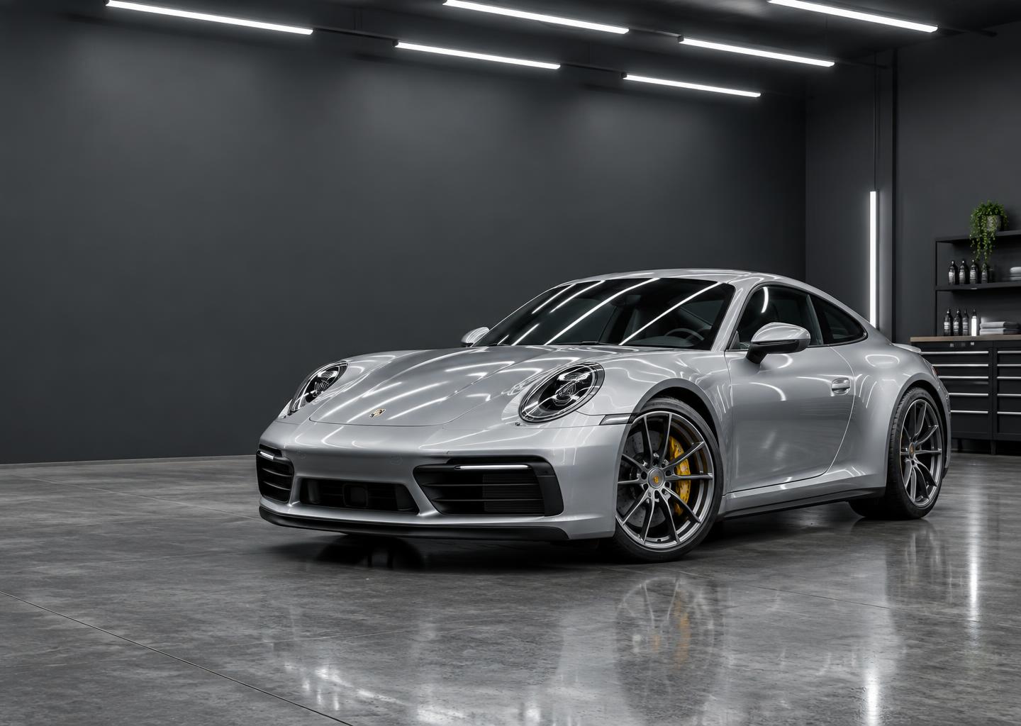 Silver sports car in a professional detailing studio