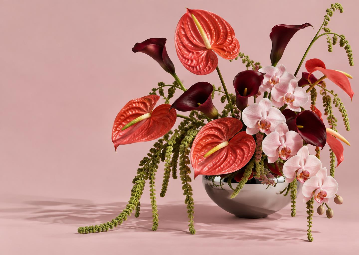 Sculptural coral, pink and burgundy floral arrangement